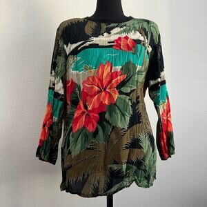 Vintage Carole Little For Saint Tropez West Top Hibiscus 6 Floral Tropical Shirt